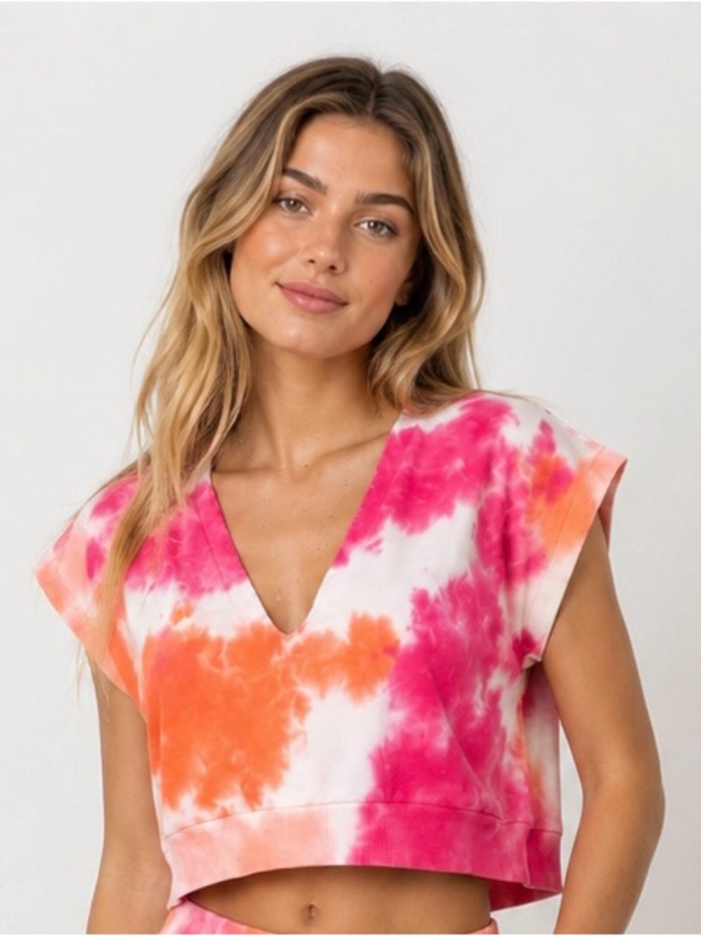 525 America Tie Dye Cropped Blouse Top NWT XS Pink Coral Lounge Athleisure - A5